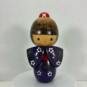Wooden Kokeshi Doll Japanese Girl In Purple Kimono 5” Tall